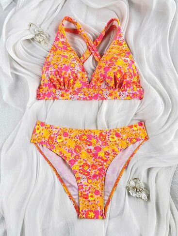 Retro Floral Print Bikini Set, V Neck High Waisted 2 Piece Swimsuit, Women's Cute Summer Bathing Suit in Saudi Arabia