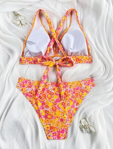 Retro Floral Print Bikini Set, V Neck High Waisted 2 Piece Swimsuit, Women's Cute Summer Bathing Suit in Saudi Arabia