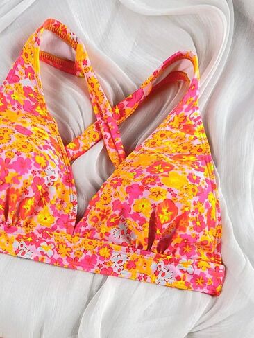 Retro Floral Print Bikini Set, V Neck High Waisted 2 Piece Swimsuit, Women's Cute Summer Bathing Suit in Saudi Arabia