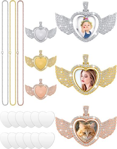 Junkin 24 Pcs Sublimation Rhinestone Trays Pendant Set, Including 6 Double Sided Blank Rhinestone Bezel Trays, 6 Pcs Thick Chains with 12 Sublimation Discs for Making (Multiple Style) in Saudi Arabia