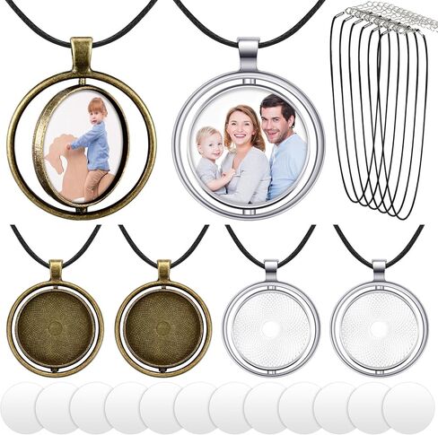 Junkin 24 Pcs Sublimation Rhinestone Trays Pendant Set, Including 6 Double Sided Blank Rhinestone Bezel Trays, 6 Pcs Thick Chains with 12 Sublimation Discs for Making (Multiple Style) in Saudi Arabia
