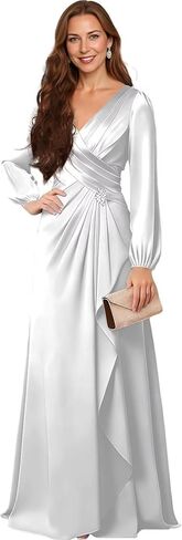 Satin Long Sleeve V-Neck Mother of The Bride Dress - Embellished Belt Formal Wedding Guest Gown for Women in Saudi Arabia