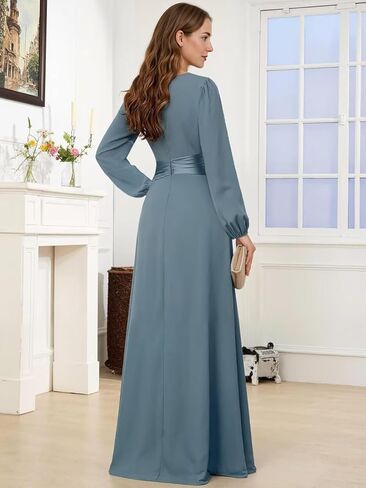 Satin Long Sleeve V-Neck Mother of The Bride Dress - Embellished Belt Formal Wedding Guest Gown for Women in Saudi Arabia