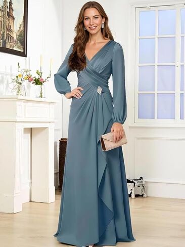 Satin Long Sleeve V-Neck Mother of The Bride Dress - Embellished Belt Formal Wedding Guest Gown for Women in Saudi Arabia