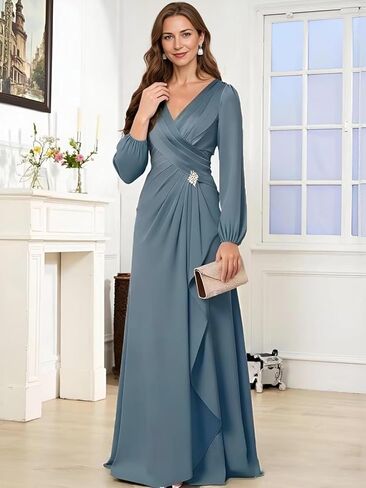 Satin Long Sleeve V-Neck Mother of The Bride Dress - Embellished Belt Formal Wedding Guest Gown for Women in Saudi Arabia