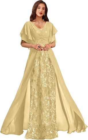 Sequin Chiffon Mother of Bride Dresses for Wedding V Neck Half Sleeves Empire Waist Grandmother of The Groom Dress in Saudi Arabia