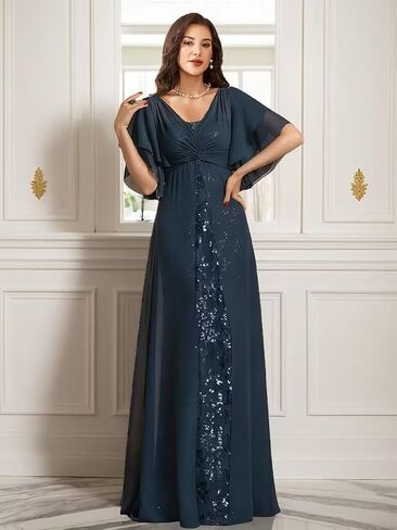 Sequin Chiffon Mother of Bride Dresses for Wedding V Neck Half Sleeves Empire Waist Grandmother of The Groom Dress in Saudi Arabia