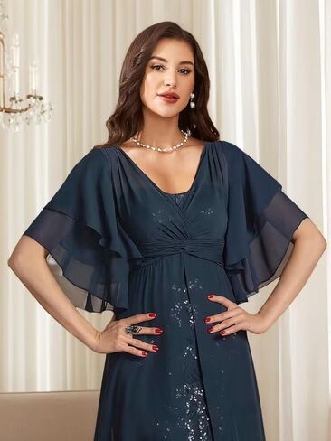 Sequin Chiffon Mother of Bride Dresses for Wedding V Neck Half Sleeves Empire Waist Grandmother of The Groom Dress in Saudi Arabia