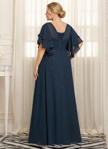 Sequin Chiffon Mother of Bride Dresses for Wedding V Neck Half Sleeves Empire Waist Grandmother of The Groom Dress in Saudi Arabia