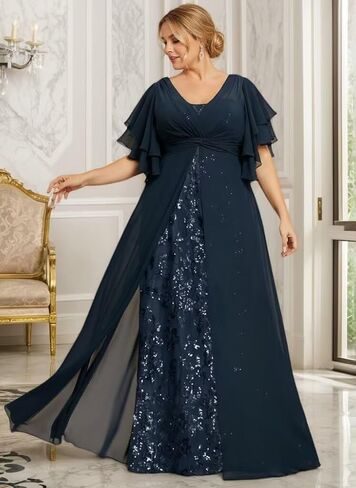 Sequin Chiffon Mother of Bride Dresses for Wedding V Neck Half Sleeves Empire Waist Grandmother of The Groom Dress in Saudi Arabia