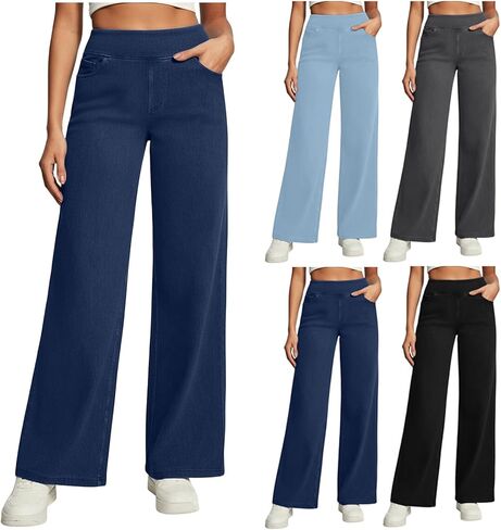 Wide Leg Jeans for Women Casual High Waisted Strechy Straight Leg Jean Loose Tummy Control Denim Pants with Pocket in Saudi Arabia