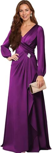 Satin Long Sleeve V-Neck Mother of The Bride Dress - Embellished Belt Formal Wedding Guest Gown for Women in Saudi Arabia