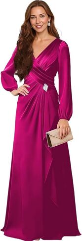 Satin Long Sleeve V-Neck Mother of The Bride Dress - Embellished Belt Formal Wedding Guest Gown for Women in Saudi Arabia