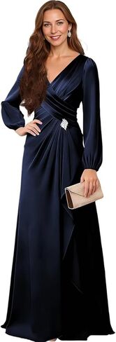 Satin Long Sleeve V-Neck Mother of The Bride Dress - Embellished Belt Formal Wedding Guest Gown for Women in Saudi Arabia