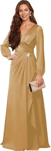 Satin Long Sleeve V-Neck Mother of The Bride Dress - Embellished Belt Formal Wedding Guest Gown for Women in Saudi Arabia