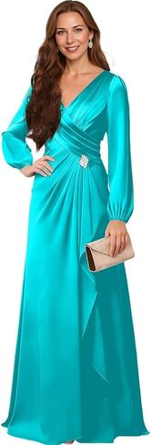 Satin Long Sleeve V-Neck Mother of The Bride Dress - Embellished Belt Formal Wedding Guest Gown for Women in Saudi Arabia