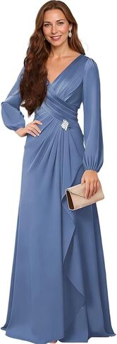Satin Long Sleeve V-Neck Mother of The Bride Dress - Embellished Belt Formal Wedding Guest Gown for Women in Saudi Arabia