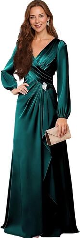 Satin Long Sleeve V-Neck Mother of The Bride Dress - Embellished Belt Formal Wedding Guest Gown for Women in Saudi Arabia