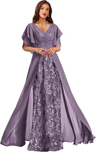 Sequin Chiffon Mother of Bride Dresses for Wedding V Neck Half Sleeves Empire Waist Grandmother of The Groom Dress in Saudi Arabia