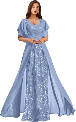 Sequin Chiffon Mother of Bride Dresses for Wedding V Neck Half Sleeves Empire Waist Grandmother of The Groom Dress in Saudi Arabia