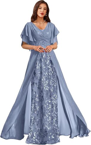 Sequin Chiffon Mother of Bride Dresses for Wedding V Neck Half Sleeves Empire Waist Grandmother of The Groom Dress in Saudi Arabia