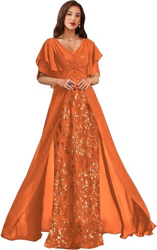 Sequin Chiffon Mother of Bride Dresses for Wedding V Neck Half Sleeves Empire Waist Grandmother of The Groom Dress in Saudi Arabia