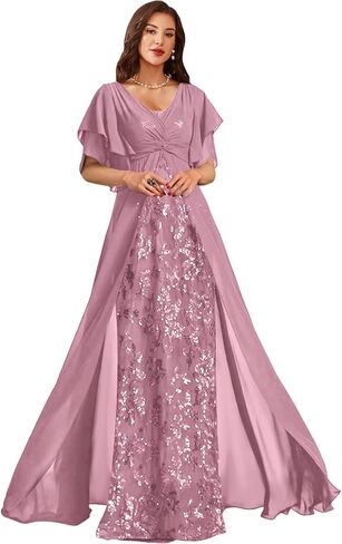 Sequin Chiffon Mother of Bride Dresses for Wedding V Neck Half Sleeves Empire Waist Grandmother of The Groom Dress in Saudi Arabia