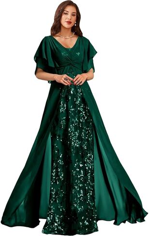 Sequin Chiffon Mother of Bride Dresses for Wedding V Neck Half Sleeves Empire Waist Grandmother of The Groom Dress in Saudi Arabia