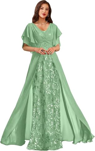 Sequin Chiffon Mother of Bride Dresses for Wedding V Neck Half Sleeves Empire Waist Grandmother of The Groom Dress in Saudi Arabia