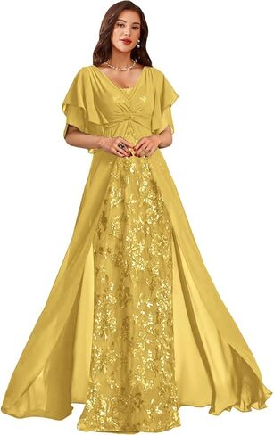 Sequin Chiffon Mother of Bride Dresses for Wedding V Neck Half Sleeves Empire Waist Grandmother of The Groom Dress in Saudi Arabia