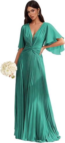 Pleated Chiffon Bridesmaid Dresses for Women Flutter Sleeves V-Neck A-Line Long Formal Wedding Guest Dress in Saudi Arabia