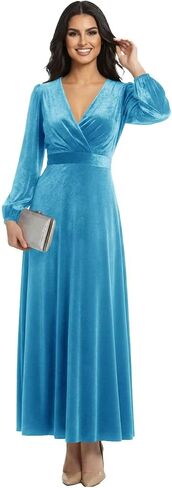 فساتين رسمية مخملية للسيدات طويلة للنساء وأكمام طويلة ورقبة على شكل حرف v مطوي على شكل حرف a للحفلات الراقصة وحفلات الكوكتيل L04002 in Kuwait