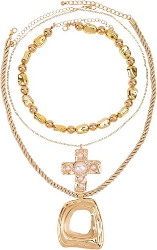 3pcs Chunky Cross Necklace, Gold Stacked Pendant Chain Necklace with Cross & Geometric Square Fashion Jewelry Gift Set for Woman in Saudi Arabia