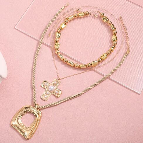 3pcs Chunky Cross Necklace, Gold Stacked Pendant Chain Necklace with Cross & Geometric Square Fashion Jewelry Gift Set for Woman in Saudi Arabia