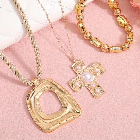 3pcs Chunky Cross Necklace, Gold Stacked Pendant Chain Necklace with Cross & Geometric Square Fashion Jewelry Gift Set for Woman in Saudi Arabia