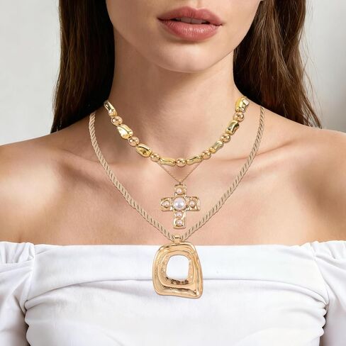 3pcs Chunky Cross Necklace, Gold Stacked Pendant Chain Necklace with Cross & Geometric Square Fashion Jewelry Gift Set for Woman in Saudi Arabia