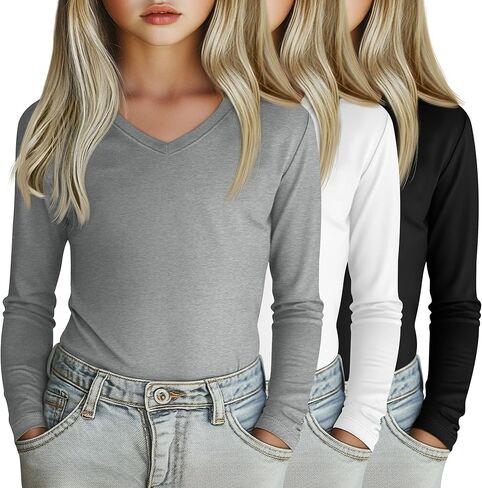 3 Pack Girl's Long Sleeve Shirts, Soft V Neck Kids Tops Fall Loose Fit Basic Tee Casual T Shirts for 3-16 Years in Kuwait