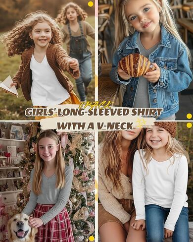 3 Pack Girl's Long Sleeve Shirts, Soft V Neck Kids Tops Fall Loose Fit Basic Tee Casual T Shirts for 3-16 Years in Kuwait