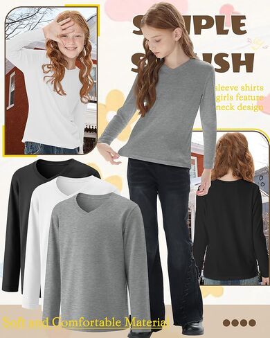 3 Pack Girl's Long Sleeve Shirts, Soft V Neck Kids Tops Fall Loose Fit Basic Tee Casual T Shirts for 3-16 Years in Kuwait