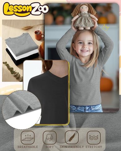 3 Pack Girl's Long Sleeve Shirts, Soft V Neck Kids Tops Fall Loose Fit Basic Tee Casual T Shirts for 3-16 Years in Kuwait