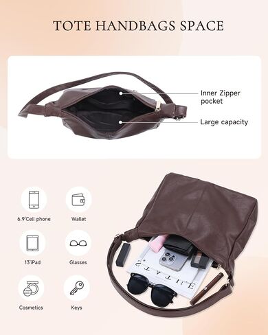 Hobo Bags for Women, Vegan Leather Shoulder Handbag, Stylish Slouchy Tote Purses with Adjustable Strap & Zipper Closure in Saudi Arabia