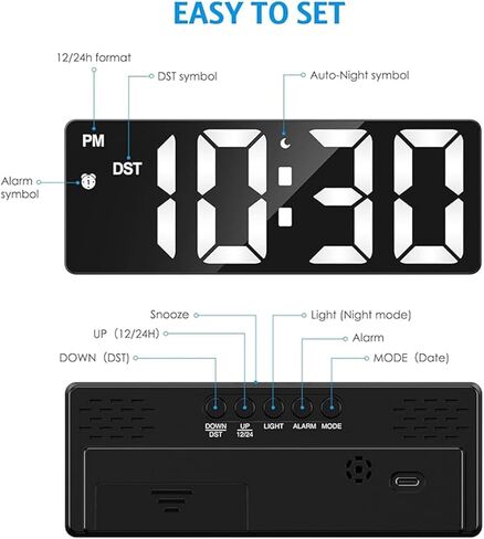 Upgraded Version AMIR Digital LED Alarm Clock Black with Type C Port Adjustable Brightness DST Snooze 24H Display for Bedroom Home Office in Saudi Arabia