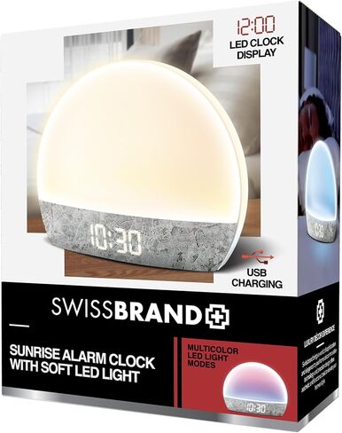 Swissbrand Sunrise Alarm Clock with Multicolor LED Light, USB Charging & Indoor Temperature – Concrete-Print Digital Clock for Bedroom Nightstand in Saudi Arabia