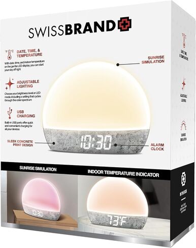 Swissbrand Sunrise Alarm Clock with Multicolor LED Light, USB Charging & Indoor Temperature – Concrete-Print Digital Clock for Bedroom Nightstand in Saudi Arabia