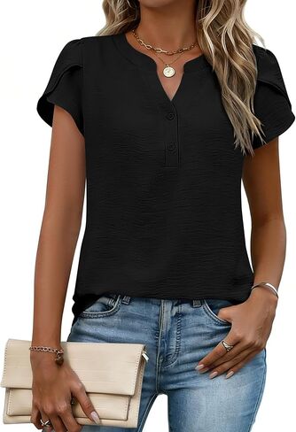 Zeagoo Womens Tops Dressy Casual Textured Blouses Cap Short Sleeve Shirts V Neck Button Up Summer Spring Work Tshirt Clothes in Saudi Arabia