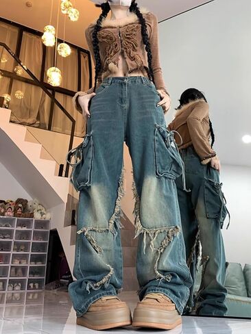 Unisex Y2K Star Patchwork Baggy Jeans – Wide Leg Distressed Denim Pants with Drawstring Waist and Cargo Pockets Streetwear in Saudi Arabia