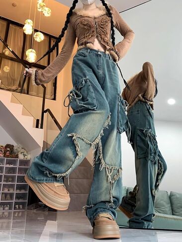 Unisex Y2K Star Patchwork Baggy Jeans – Wide Leg Distressed Denim Pants with Drawstring Waist and Cargo Pockets Streetwear in Saudi Arabia