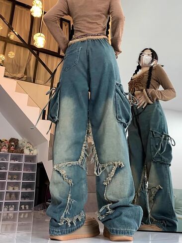 Unisex Y2K Star Patchwork Baggy Jeans – Wide Leg Distressed Denim Pants with Drawstring Waist and Cargo Pockets Streetwear in Saudi Arabia