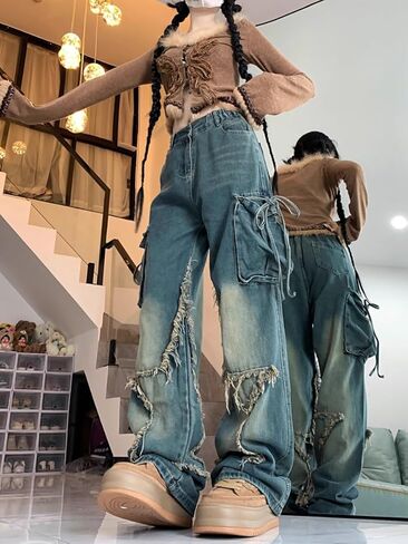 Unisex Y2K Star Patchwork Baggy Jeans – Wide Leg Distressed Denim Pants with Drawstring Waist and Cargo Pockets Streetwear in Saudi Arabia