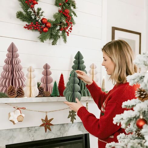 6 Pcs Paper Christmas Tree, Beige, Sage Green and Dusty Pink Tabletop Christmas Decorations with Magnetic Closure, 12" & 6" Foldable Reusable Holiday Trees for Mantel, Table Centerpiece in Saudi Arabia